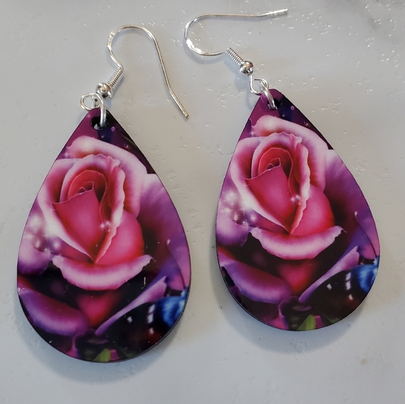 Pink Butterfly & Flowers Teardrop Earrings - Picture 12 of 12